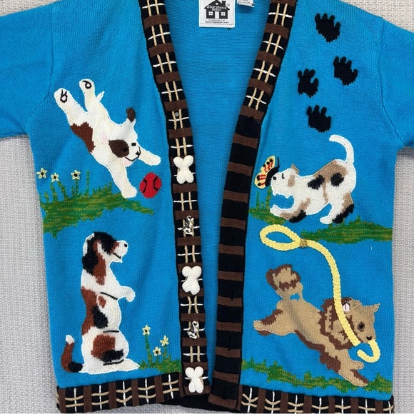 Vtg Storybook Knits Blue Dog Cardigan Sweater Med Cardigan Doggies Bone Buttons - Picture 2 of 10